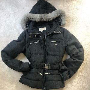 Michael Kors gray wool jacket coat real fur collar zip front belted medi…